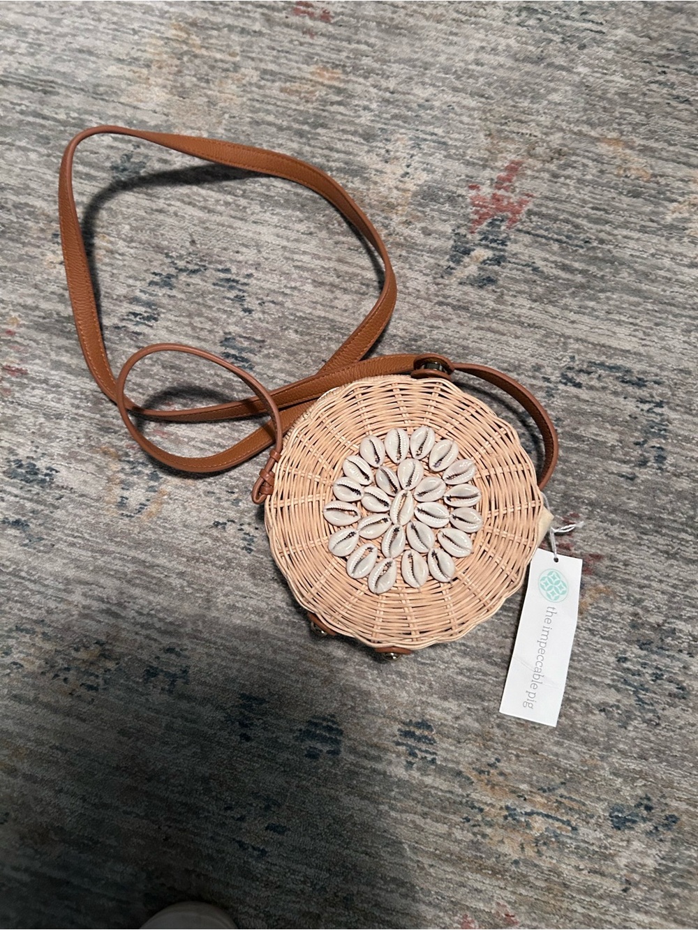 The Impeccable Pig Natural Woven Round Crossbody with Brown Strap